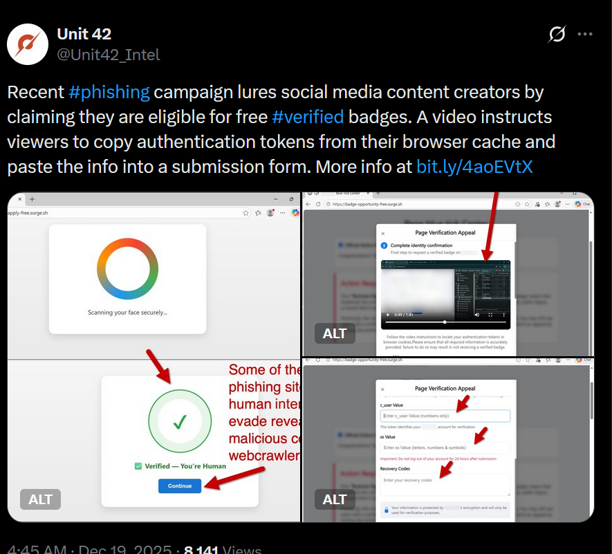 Figure 1. An X post from @Unit42_Intel on 19 December 2025, which first identified a novel phishing campaign targeting content creators via manual token theft