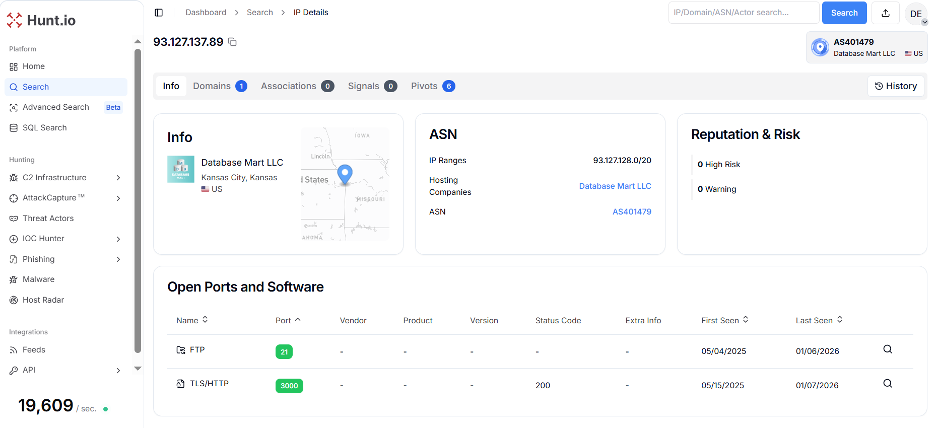 Figure 11. Hunt.io confirms handle[.]gadgetsdecory[.]xyz resolves to 93.127.137[.]89 with port 3000 actively responding (HTTP 200), validating that the IP intelligence endpoint used for proxy and geolocation checks in the phishing workflow was live and operational