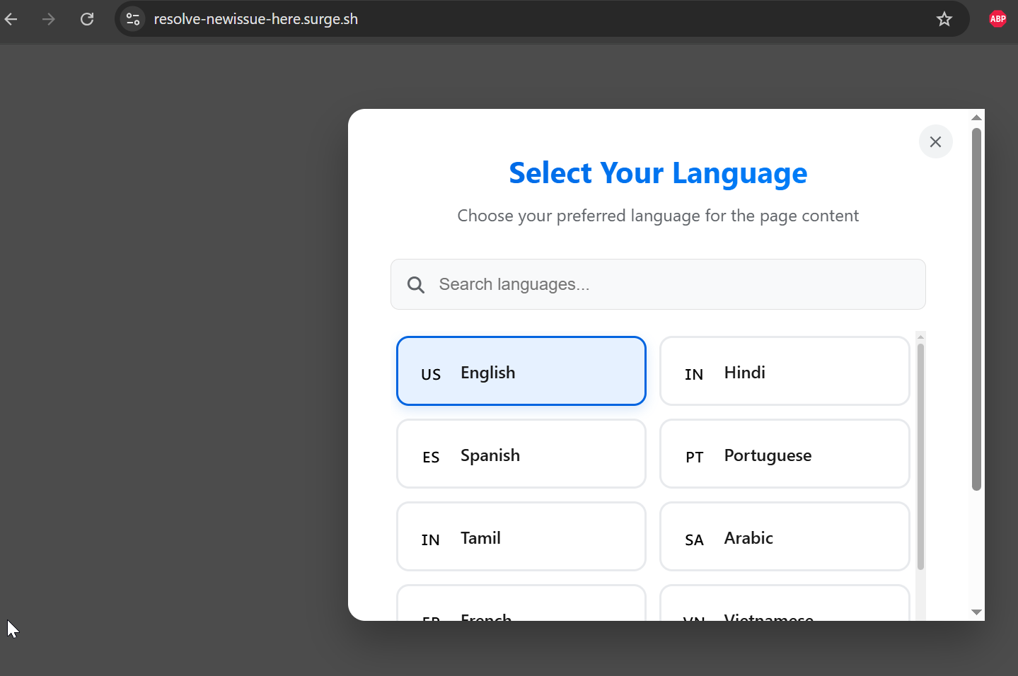 Figure 13. Initial lure hosted on Neocities redirects victims to a Surge-hosted second-stage page featuring a language-selection gate to increase engagement and legitimacy