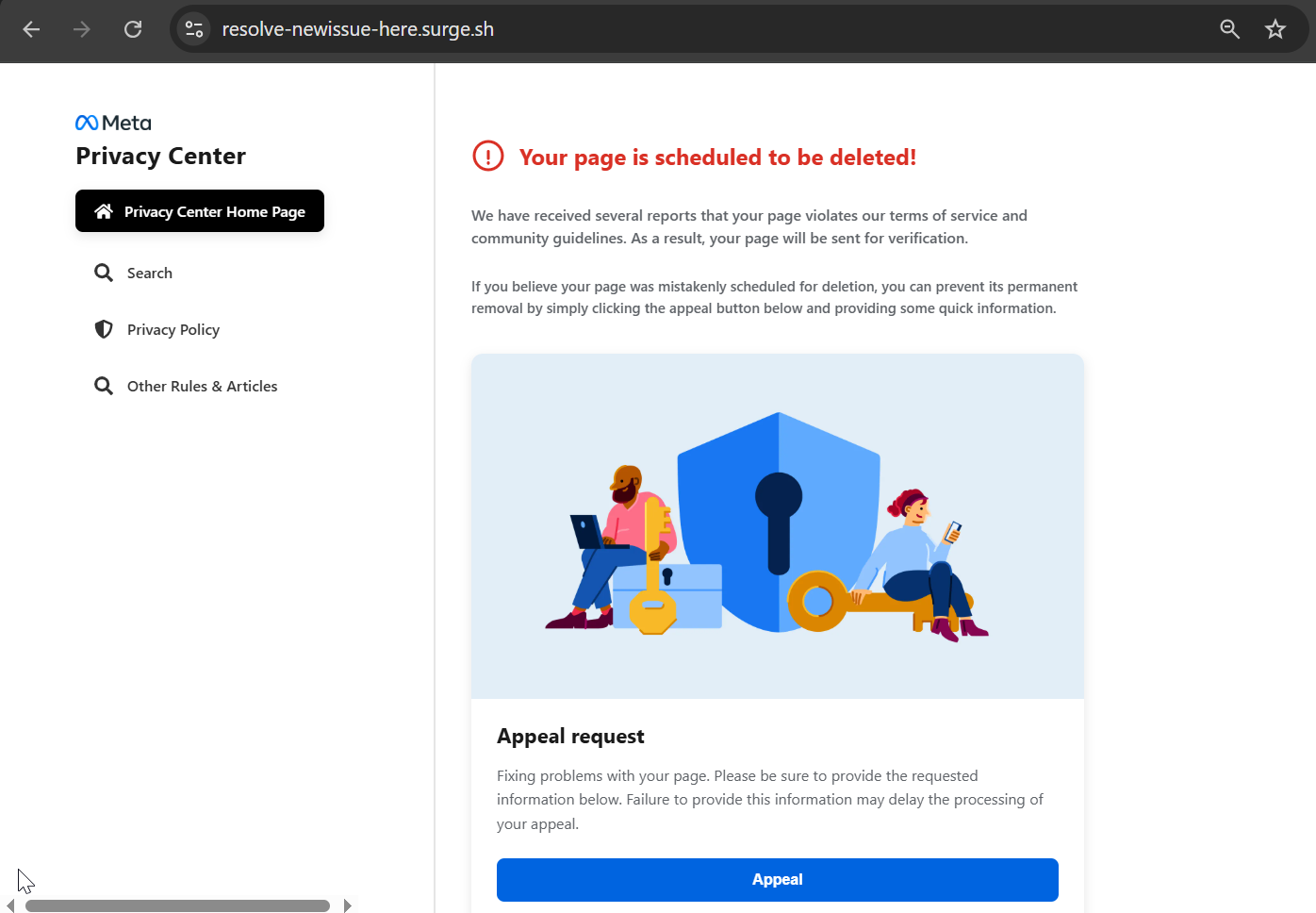Fake Meta policy violation notice designed to create urgency by warning victims that their page is scheduled for deletion unless an appeal is submitted (Source : Hunt.io).