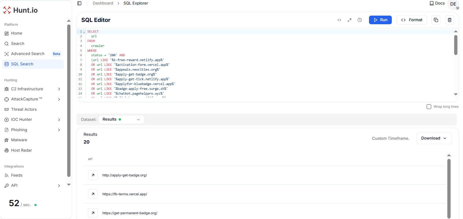 Figure 2. The result shows 20 live (HTTP 200) phishing URLs associated with the Unit 42 reported infrastructure after January 2025