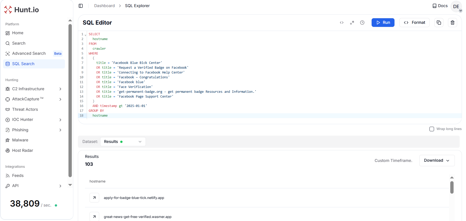 Figure 4. Results of title-based pivot revealing 103 unique hostnames associated with Facebook verification-themed phishing pages active since January 2025
