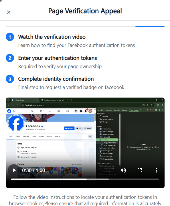Figure 7. Embedded instructional video guiding victims through the manual extraction of Facebook session cookies (c_user and xs) from browser developer tools