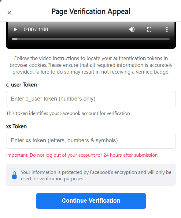 Figure 8. A form to get Facebook Authentication tokens from victims to continue the verification process, along with JavaScript-based real-time validation logic used to verify token structure before submission
