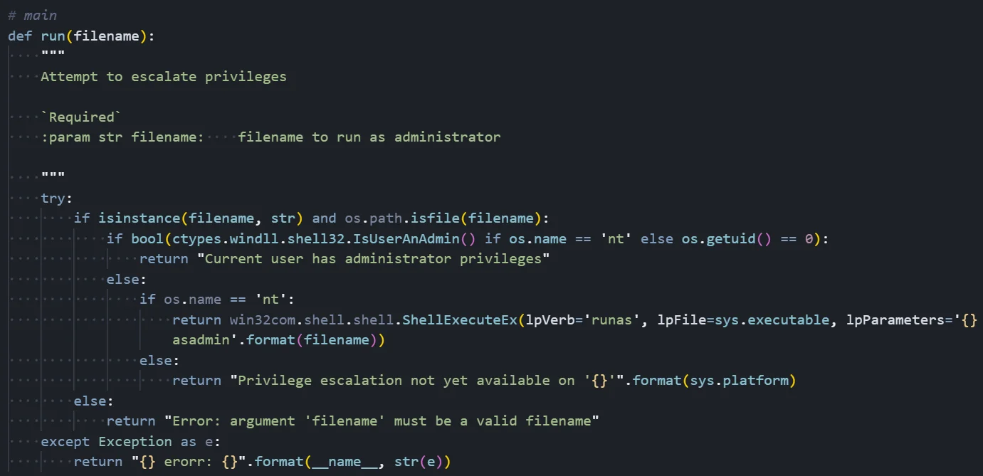 Figure 10: Privilege escalation logic triggering a UAC elevation prompt on Windows