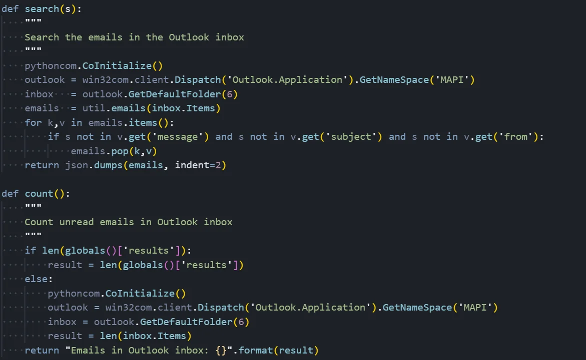 Figure 08: Outlook module implementing inbox access, search, and message counting