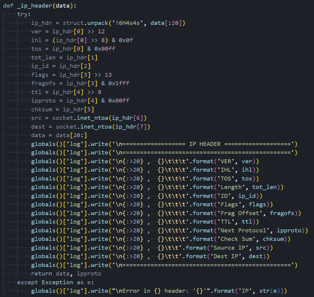 Figure 09: Packet sniffer module parsing IP headers from captured traffic