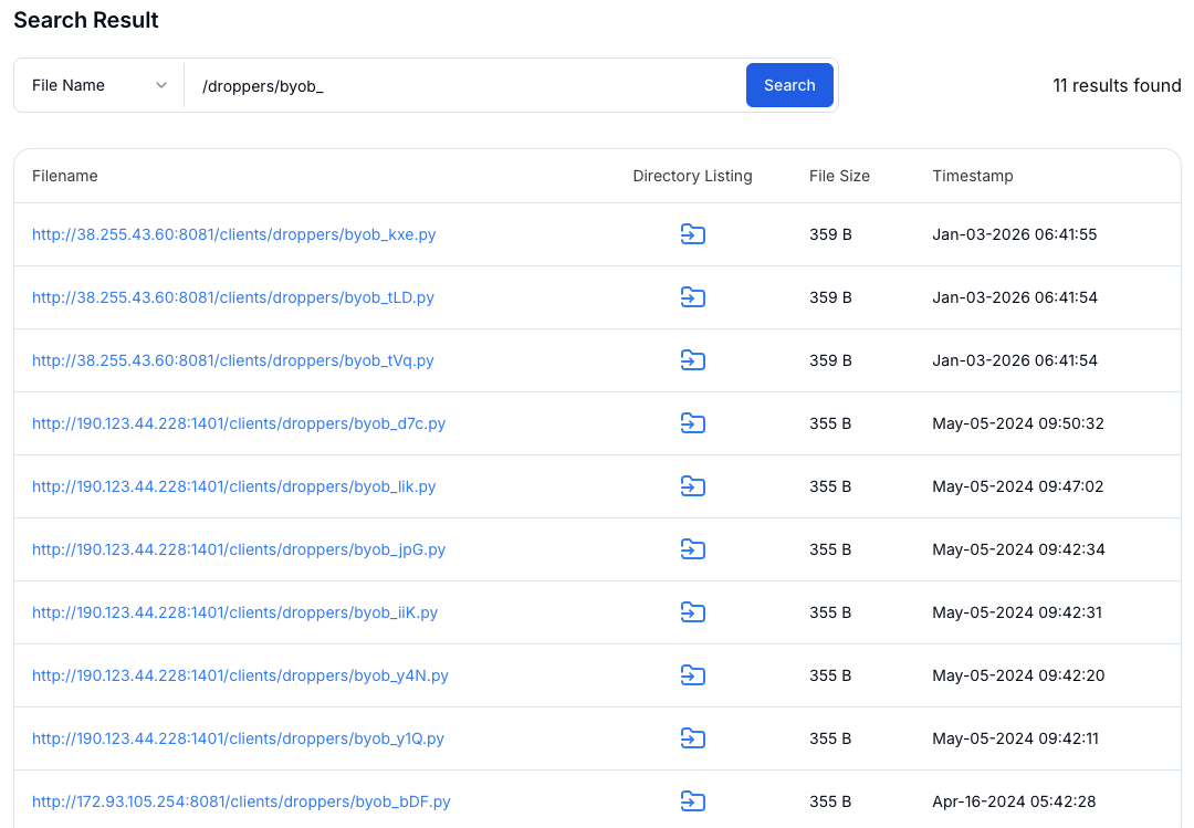 Figure 12: Attack Capture search results identifying BYOB dropper artifacts