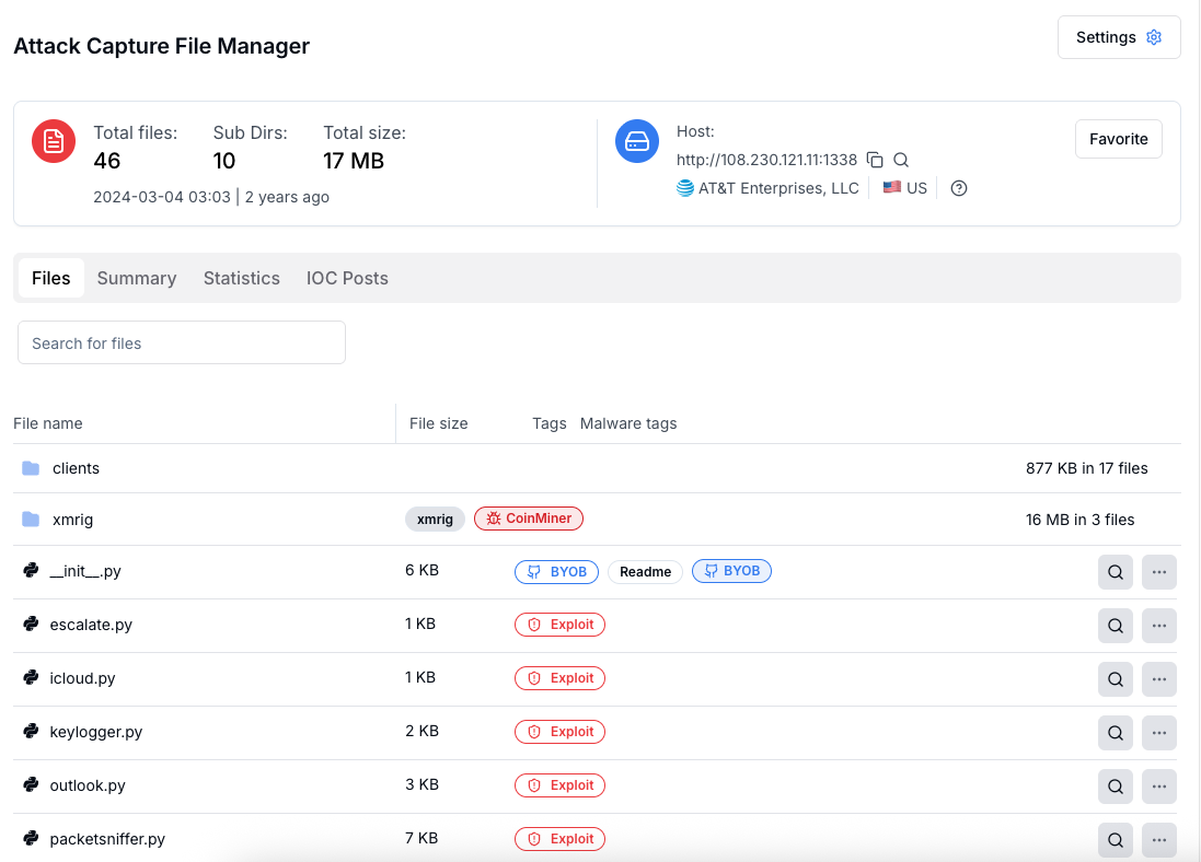 Figure 15: Attack Capture File Manager - US AT&T Node 108[.]230[.]121[.]11:1338