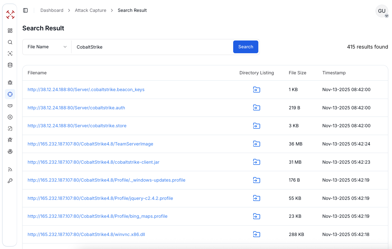 Figure 1: Filename search into AttackCapture™ to find Cobalt Strike C2 and payloads