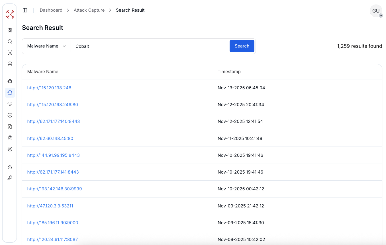Figure 2: Malware name search in AttackCapture™ to find Cobalt Strike C2 and payloads