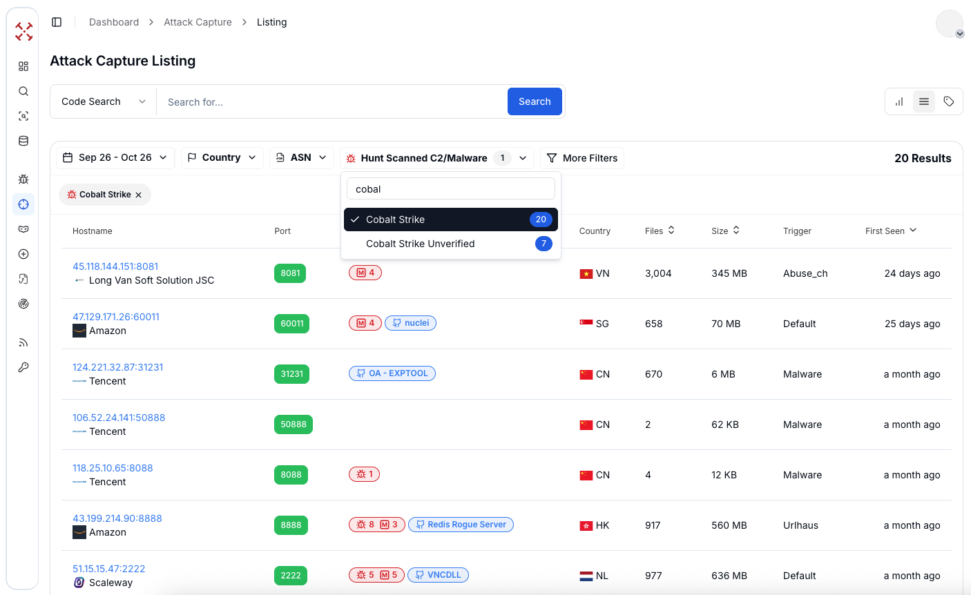 Figure 3: Label name search in AttackCapture™ to find Cobalt Strike C2 and payloads