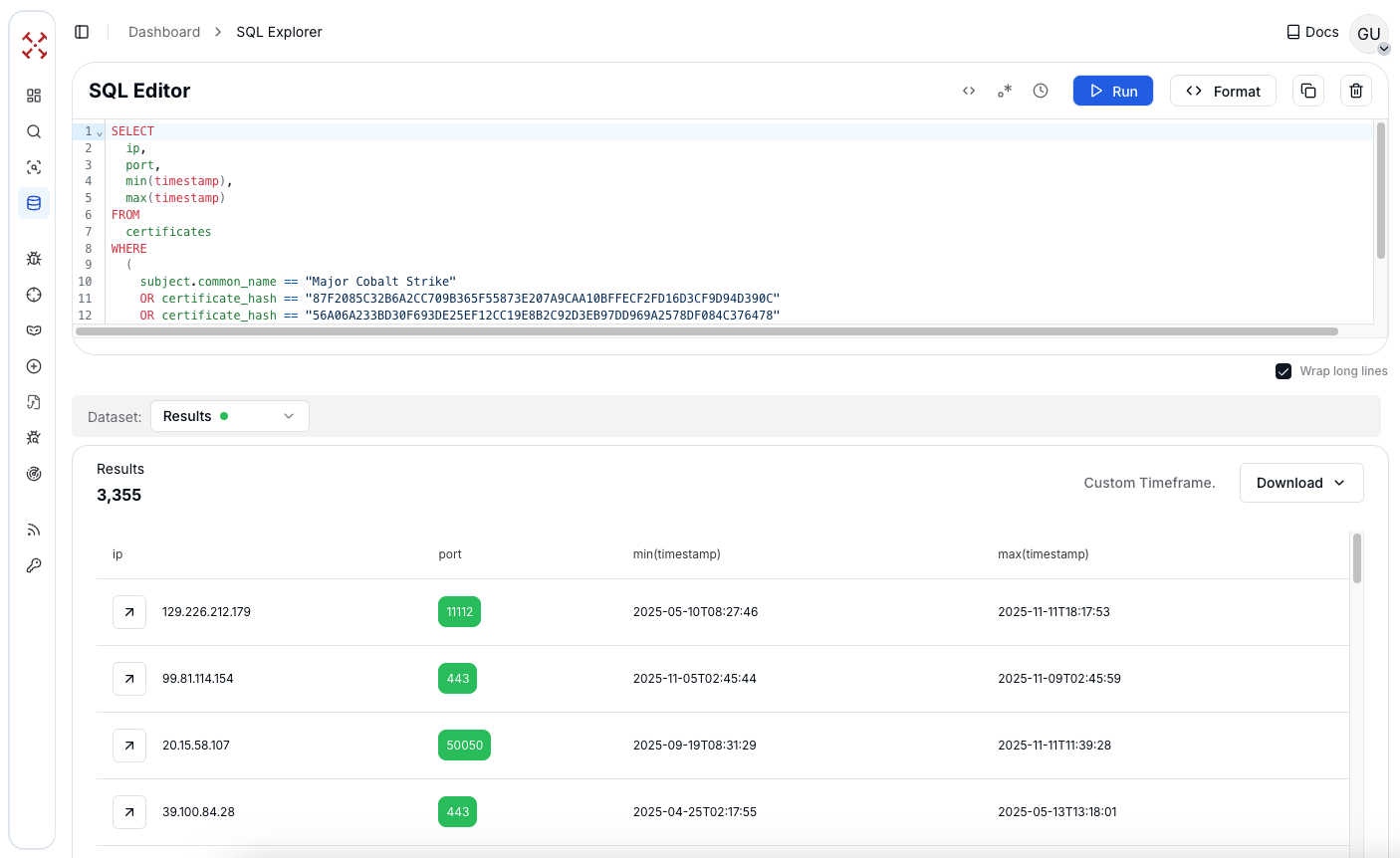Figure 6: Creating Hunting SQL query based on the certificates of C2 associated with Cobalt Strike