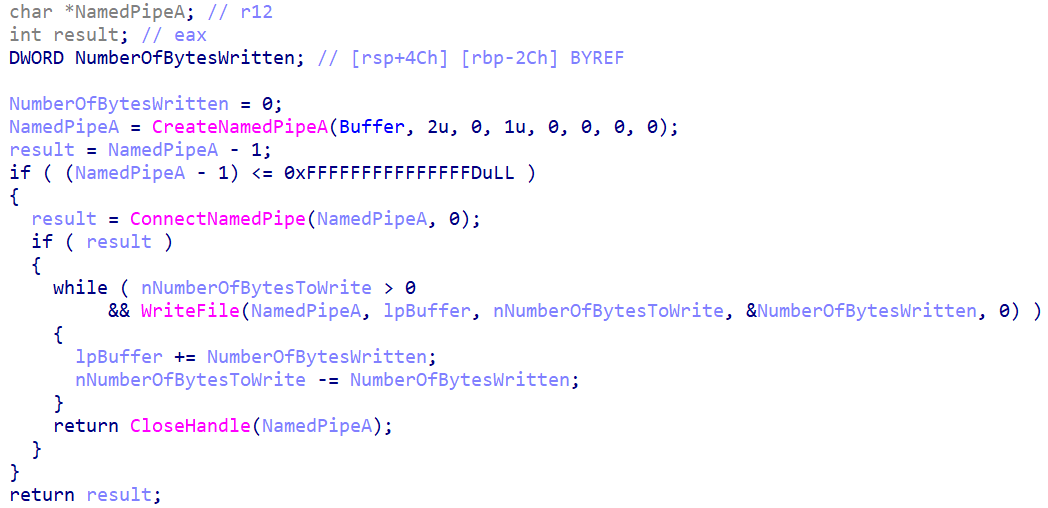 Figure 11: Reading data from the named pipe communication channel used Cobalt Strike payload