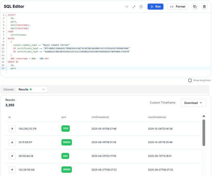 Figure 6: Creating Hunting SQL query based on the certificates of C2 associated with Cobalt Strike