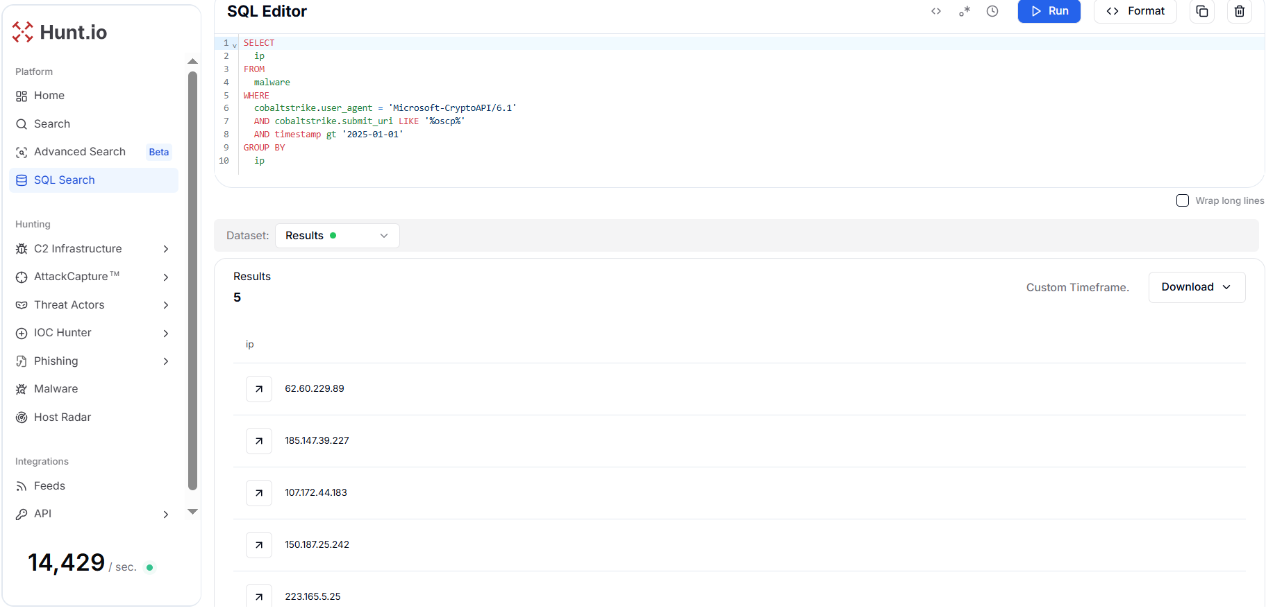 Figure 10. A pivot on 'Microsoft-CryptoAPI/6.1' User Agent with URI OSCP-style deception shows 5 unique IP Addresses as targeted detection pivot