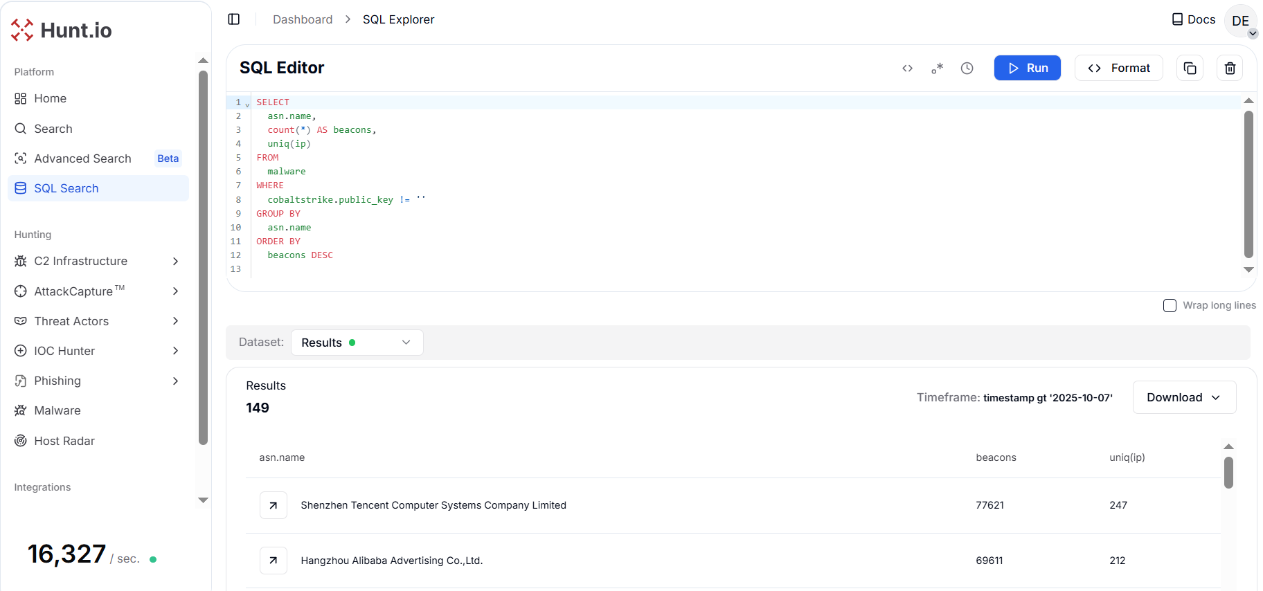 Figure 17. ASN aggregation for public_key-bearing beacons shows a strategic view for cloud provider-focused hunts that contains records per IP addresses and their unique count per hosting