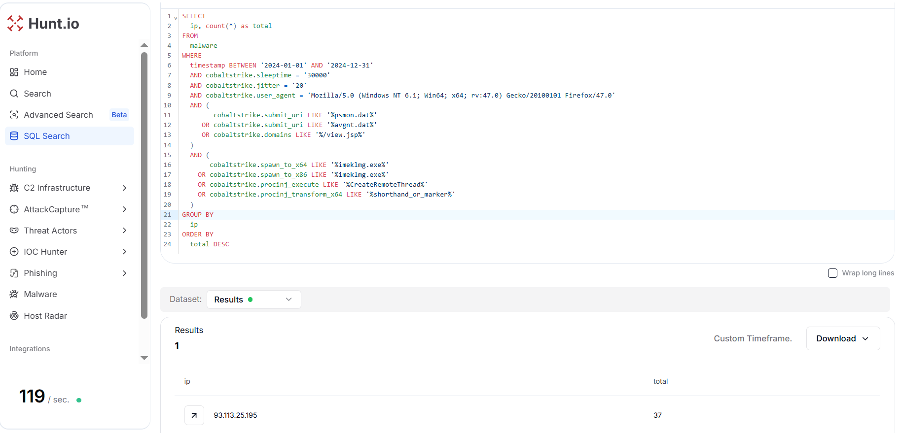 Figure 18. Profile-based hunt for Lazarus Group maps a Malleable C2 profile to an IP cluster and escalates with host and infrastructure pivot to disclose a server at 93.113.25.195 IP Address