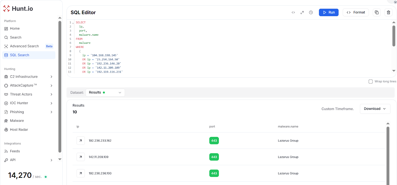 Fig. 22: Malware dataset results correlating 10 of 12 certificate-linked IPs to Lazarus samples