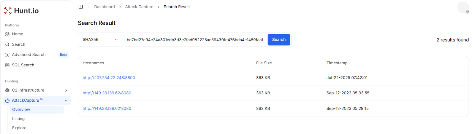 Fig. 10: AttackCapture™ search results for the SHA256 bc7bd27e94e24a301edb3d3e7fad982225ac59430fc476bda4e1459faa1c1647