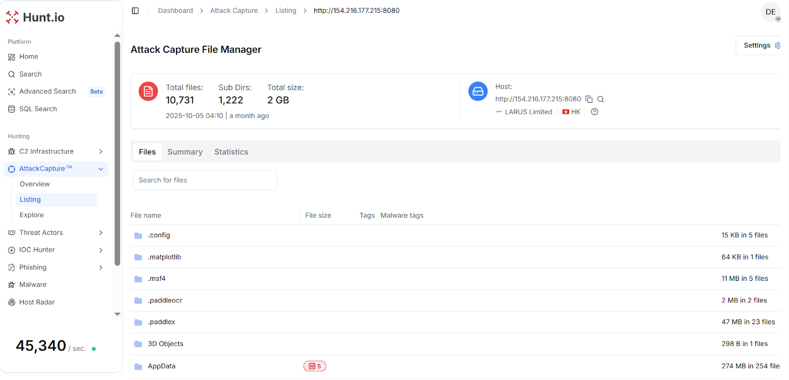 Fig. 16: AttackCapture™ open directory view for 154.216.177[.]215