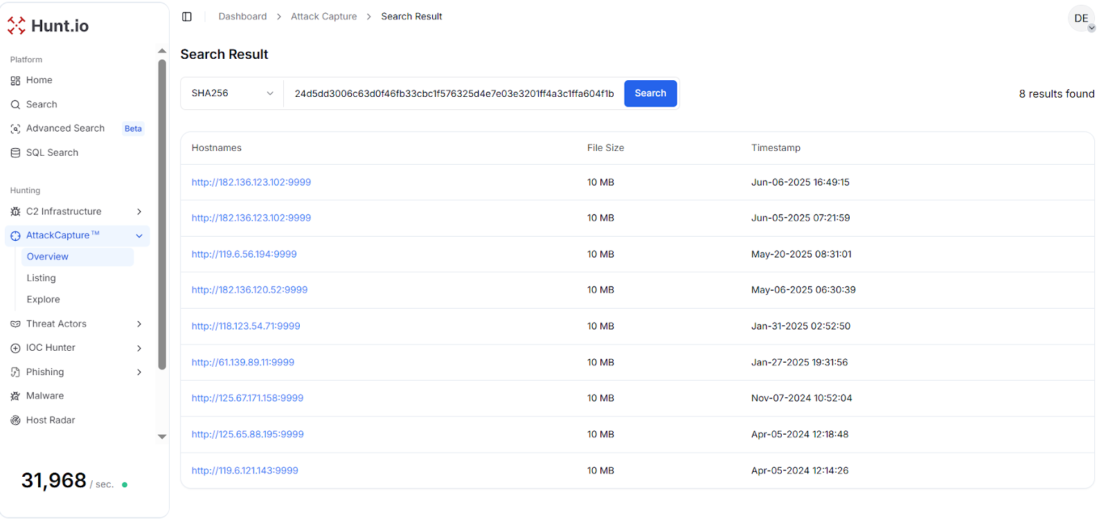 Fig. 18: AttackCapture™ results for FRP hash 24d5dd3006c63d0f46fb33cbc1f576325d4e7e03e3201ff4a3c1ffa604f1b74a