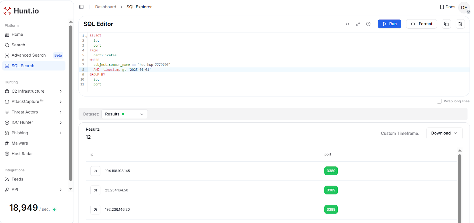 Fig. 21: HuntSQL results showing 12 IPs tied to certificate subject 