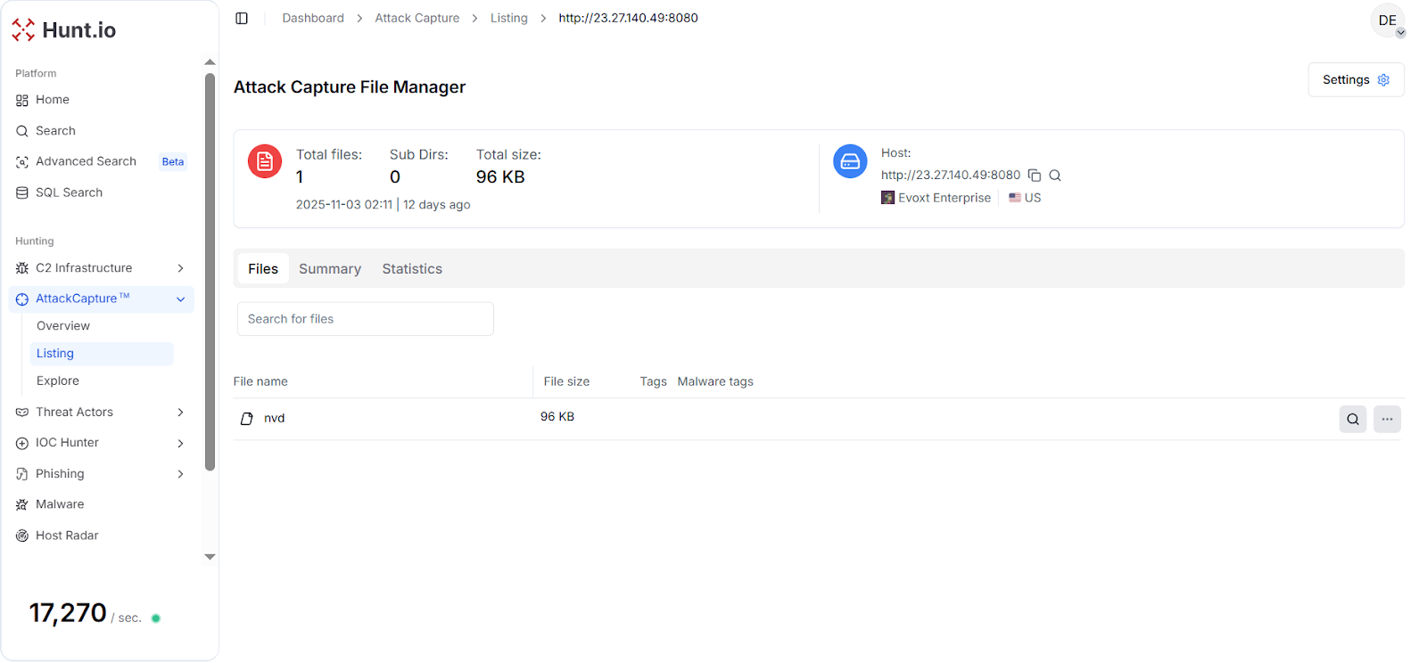 Fig. 03: AttackCapture™ showing IP 23.27.140[.]49 open directory data on port 8080