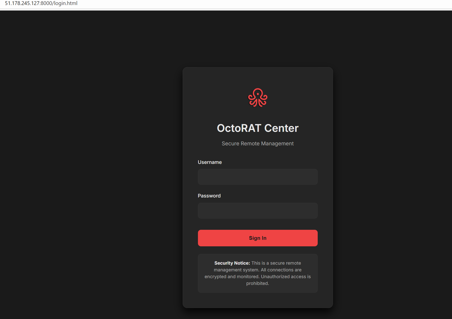 Figure 11: OctoRAT Center login panel discovered at 51.178.245[.]127:8000