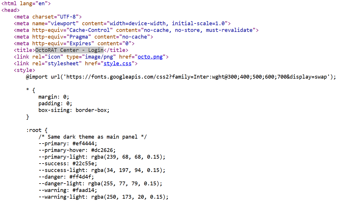 Figure 12: HTML source code revealing distinctive OctoRAT fingerprints