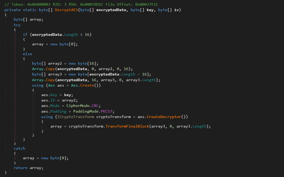 Figure 06: AES-256 decryption routine extracting IV from encrypted payload