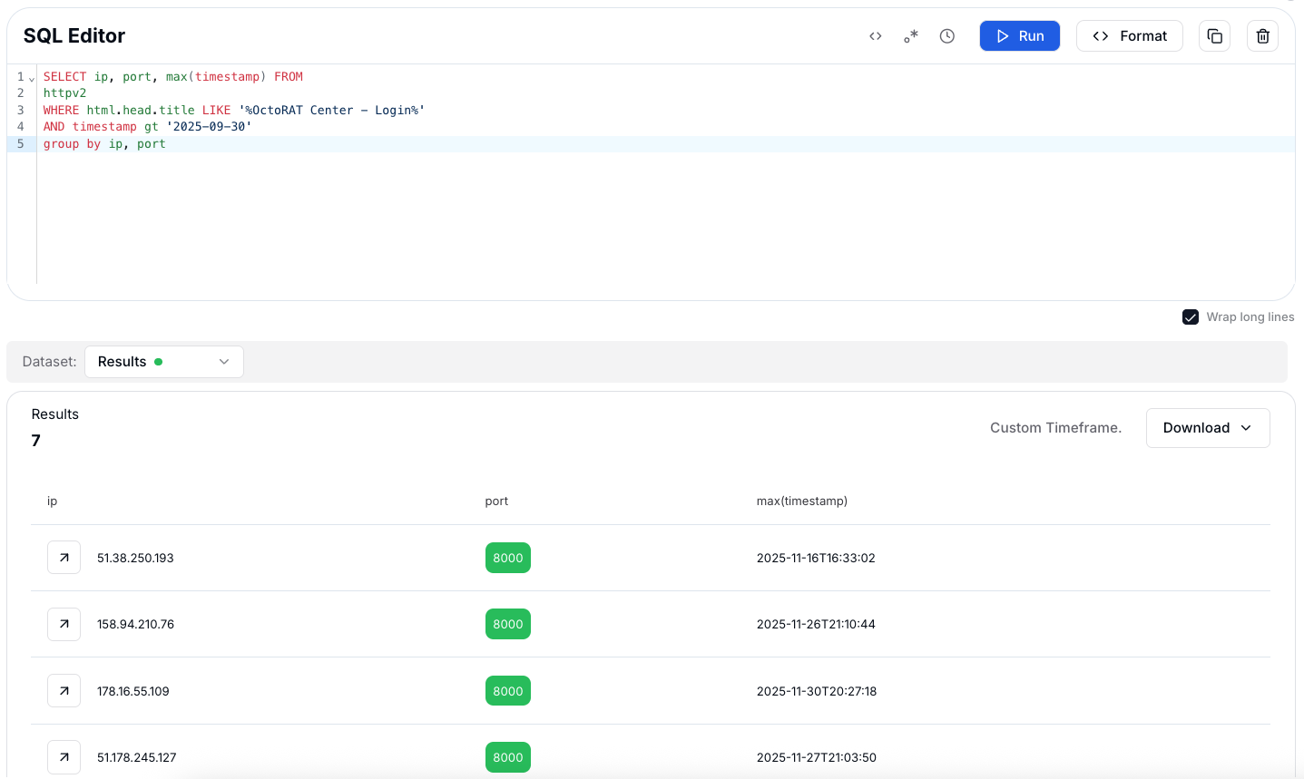 Figure 13: Internet scanning results revealing 7 active OctoRAT control panels