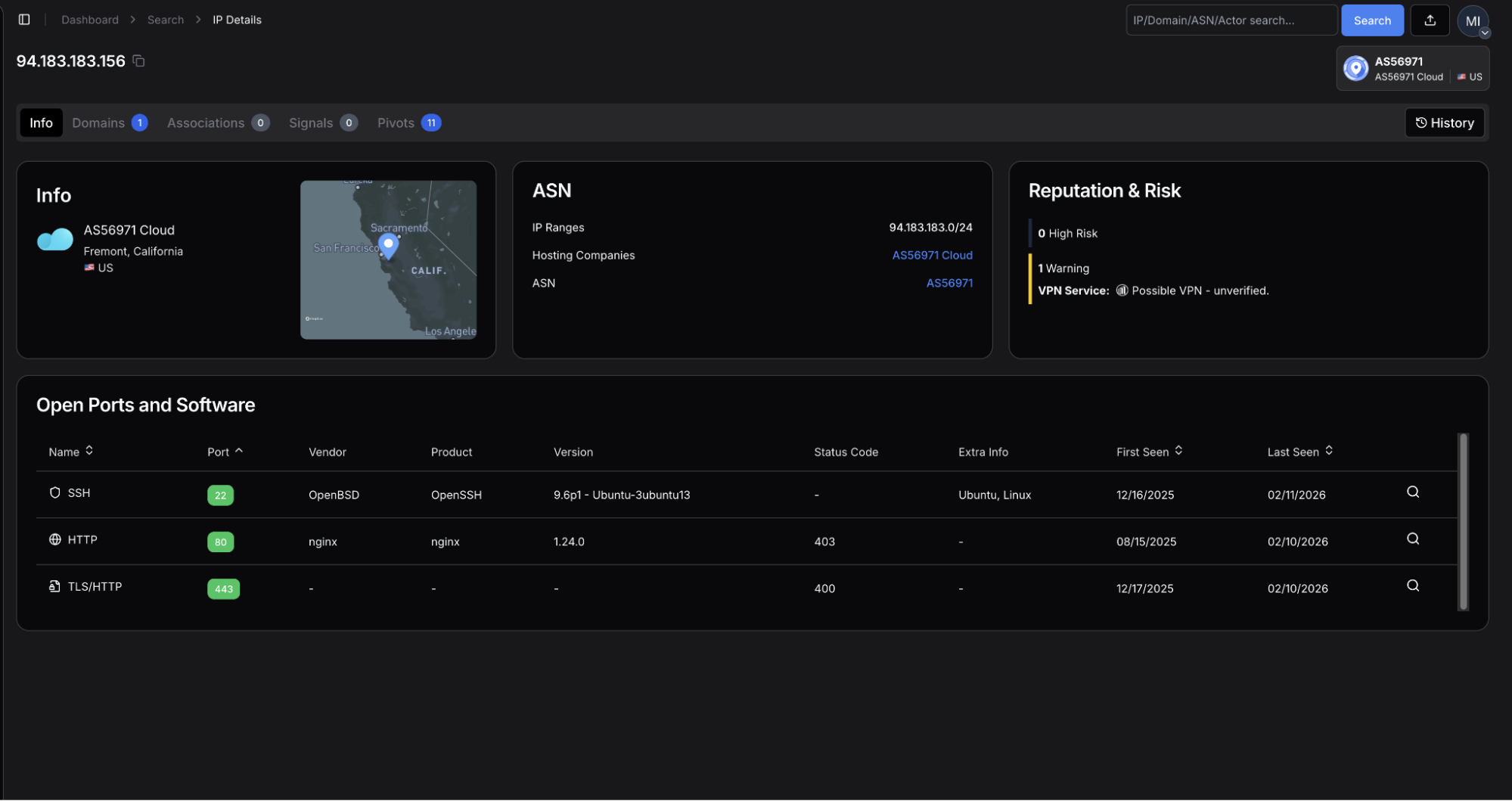Figure 2: Hunt.io scan results showing open ports and Nginx server configuration