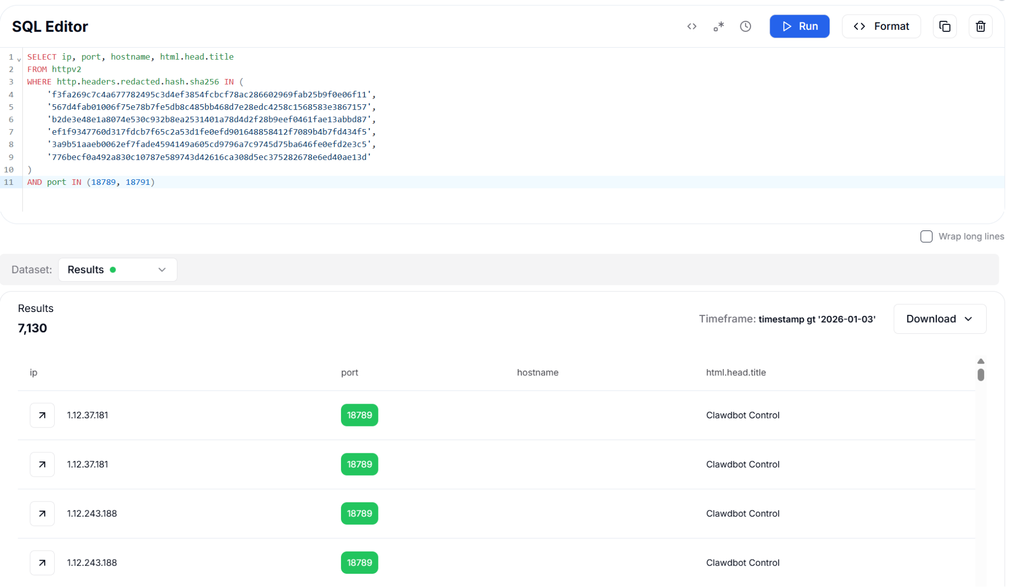 Figure 12: Redacted Header Hash (SHA256) with Port Filter - 7,130 Results