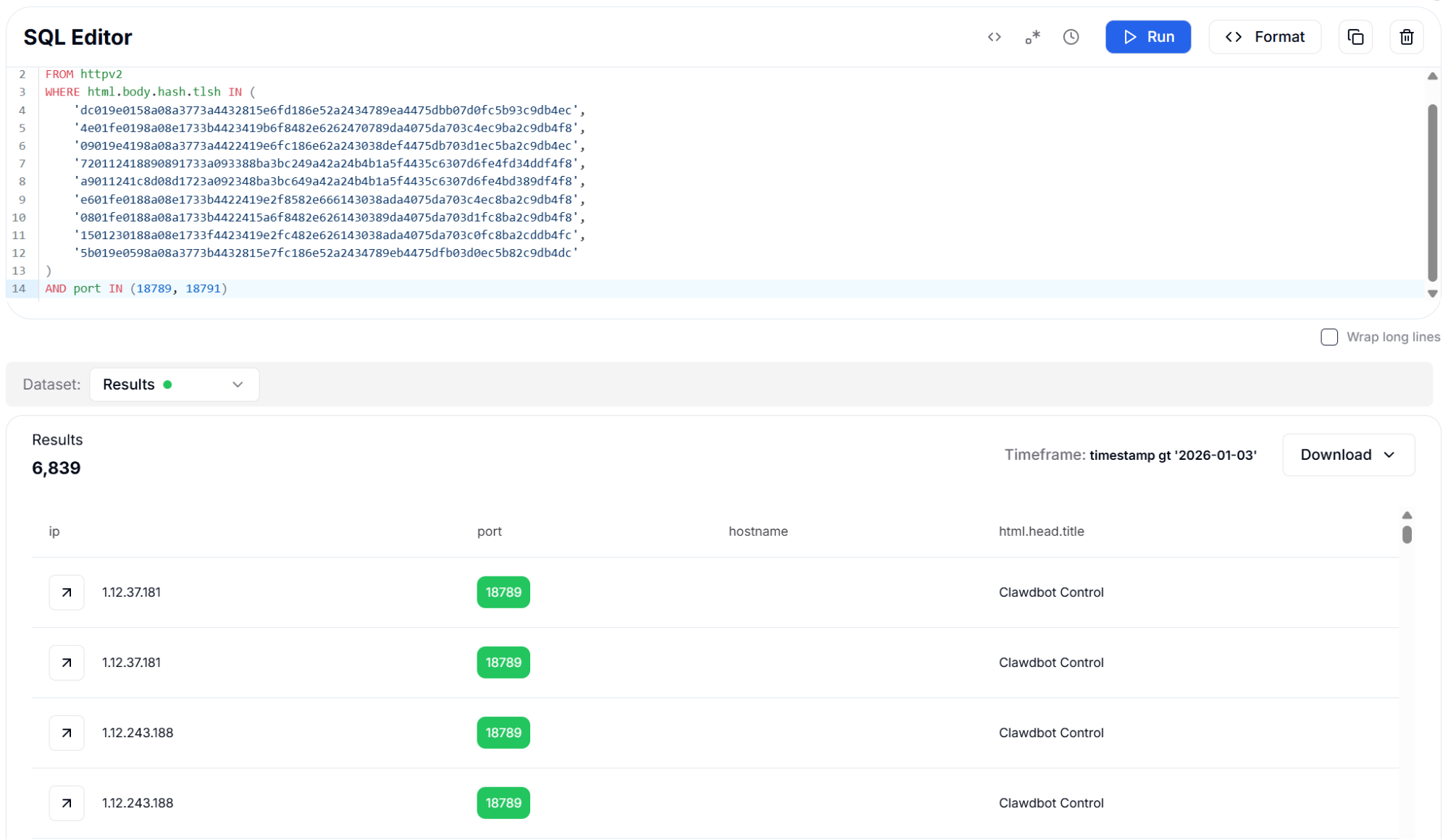 Figure 15: Body Hash (TLSH Fuzzy) with Port Filter - 6,839 Results