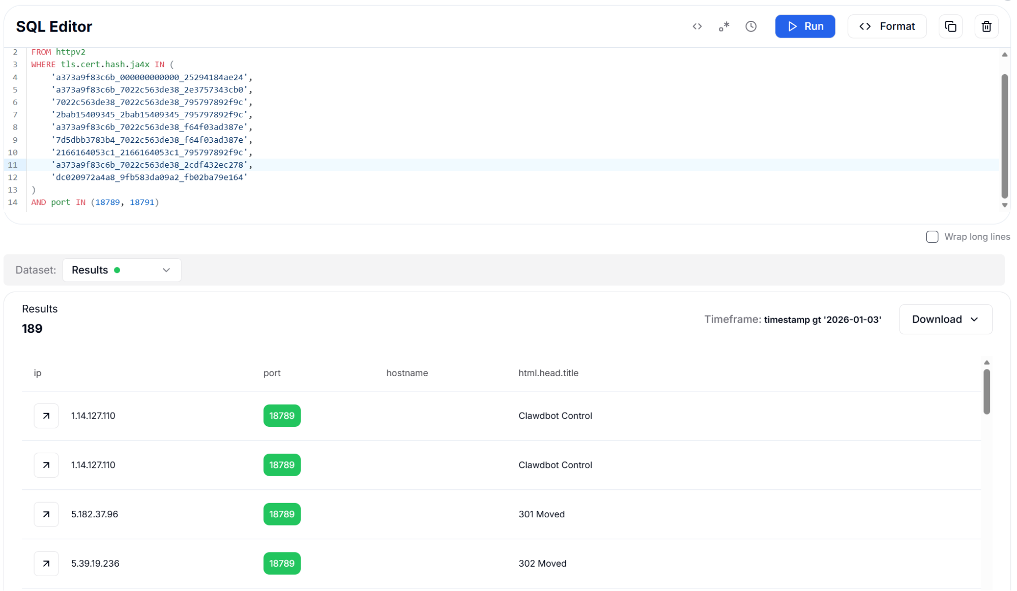 Figure 18: JA4X TLS Certificate Fingerprints - 189 Results
