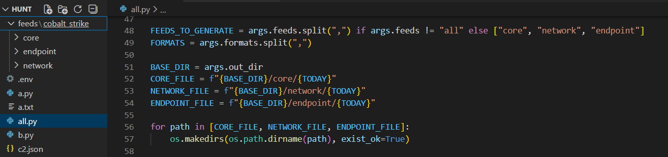 Fig. 07. CLI configuration showing feed types, output formats, and directory structure for generated intelligence