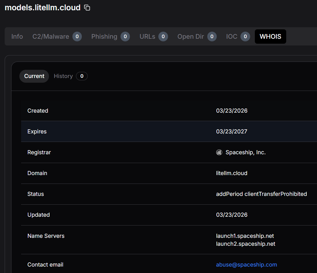 Figure 19: WHOIS data for models.litellm[.]cloud showing registration through Spaceship, Inc