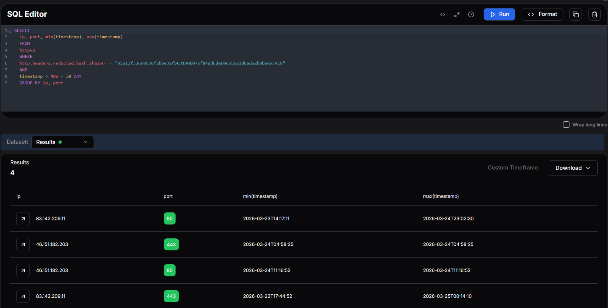 Figure 25: Hunt.io query showing four IPs sharing the same certificate fingerprint, with first-seen and last-seen timestamps